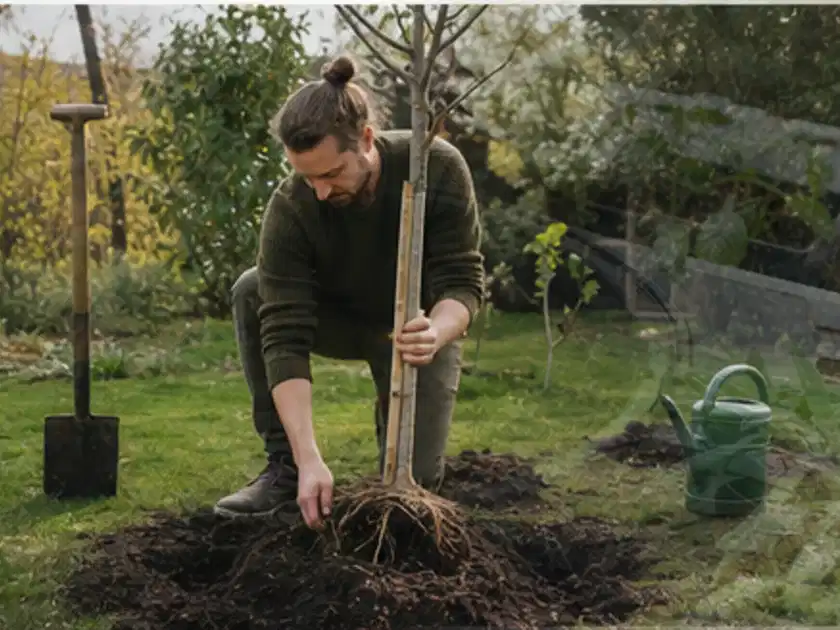 Person setzt einen jungen Zierbaum in ein vorbereitetes Pflanzloch im Garten; Thema Pflaumenbäume, Schwerpunkt Hochbeet; Titelbild.