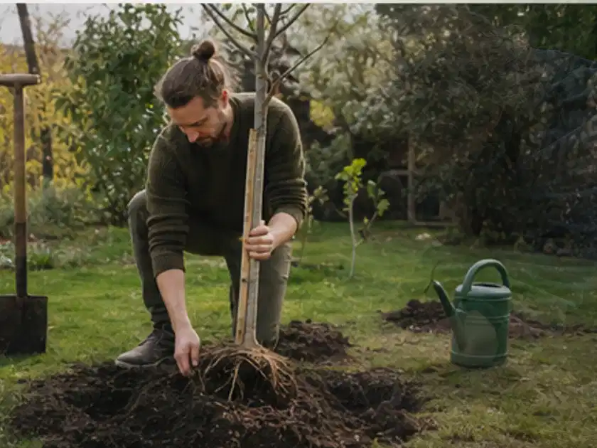 Person setzt einen jungen Zierbaum in ein vorbereitetes Pflanzloch im Garten; Thema Pflaumenbäume, Schwerpunkt Nährstoffe; Titelbild.