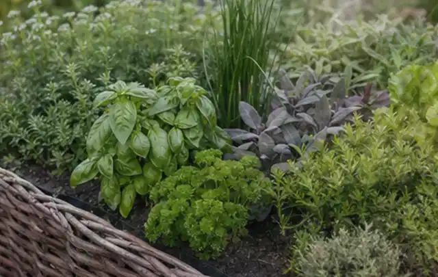 Dichtes Hochbeet mit Basilikum Schnittlauch Petersilie Salbei und weiteren Küchenkräutern; Thema Pflaumenbäume, Schwerpunkt Obst; Umsetzung.