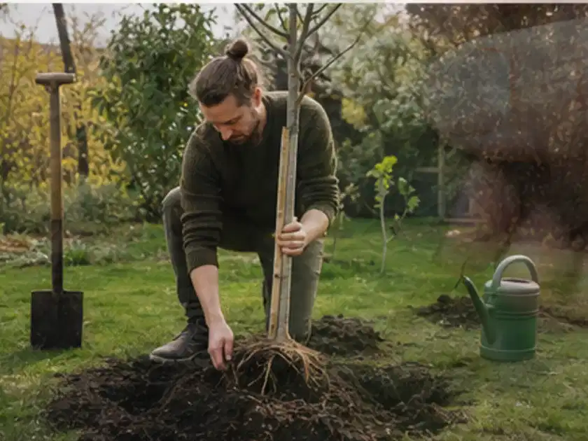 Person setzt einen jungen Zierbaum in ein vorbereitetes Pflanzloch im Garten; Thema Pflaumenbäume, Schwerpunkt Pflanzung; Titelbild.