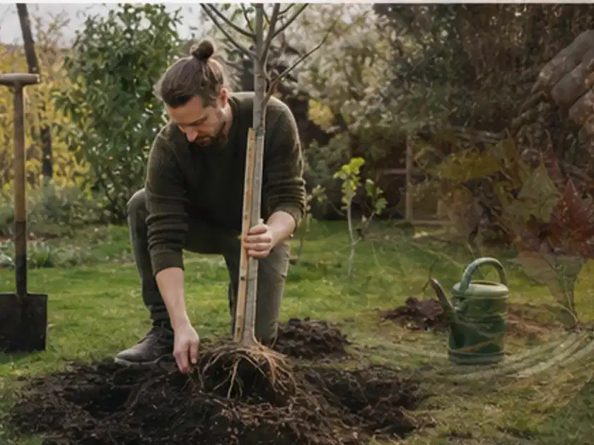 Person setzt einen jungen Zierbaum in ein vorbereitetes Pflanzloch im Garten; Thema Pflaumenbäume, Schwerpunkt Saisonkalender; Titelbild.