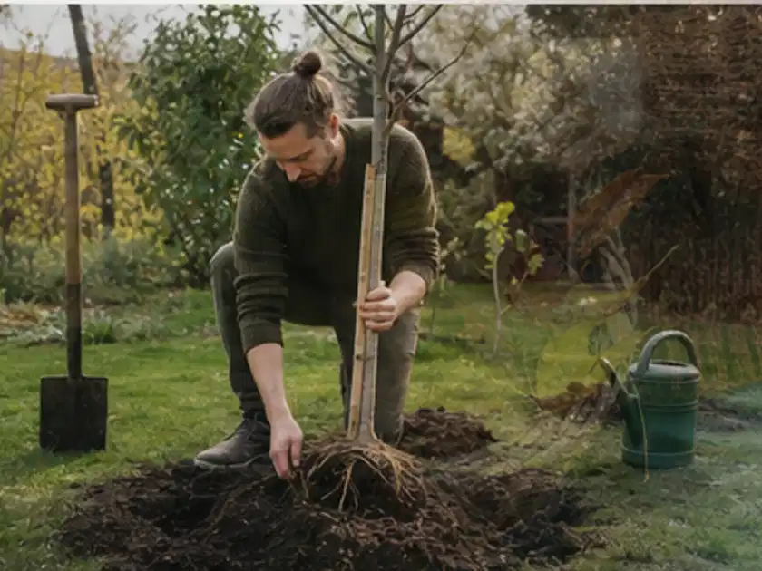 Person setzt einen jungen Zierbaum in ein vorbereitetes Pflanzloch im Garten; Thema Pflaumenbäume, Schwerpunkt Schnitt; Titelbild.