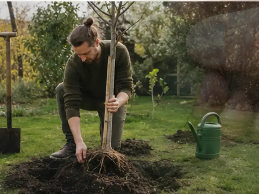 Person setzt einen jungen Zierbaum in ein vorbereitetes Pflanzloch im Garten; Thema Pflaumenbäume, Schwerpunkt Sortenwahl; Titelbild.