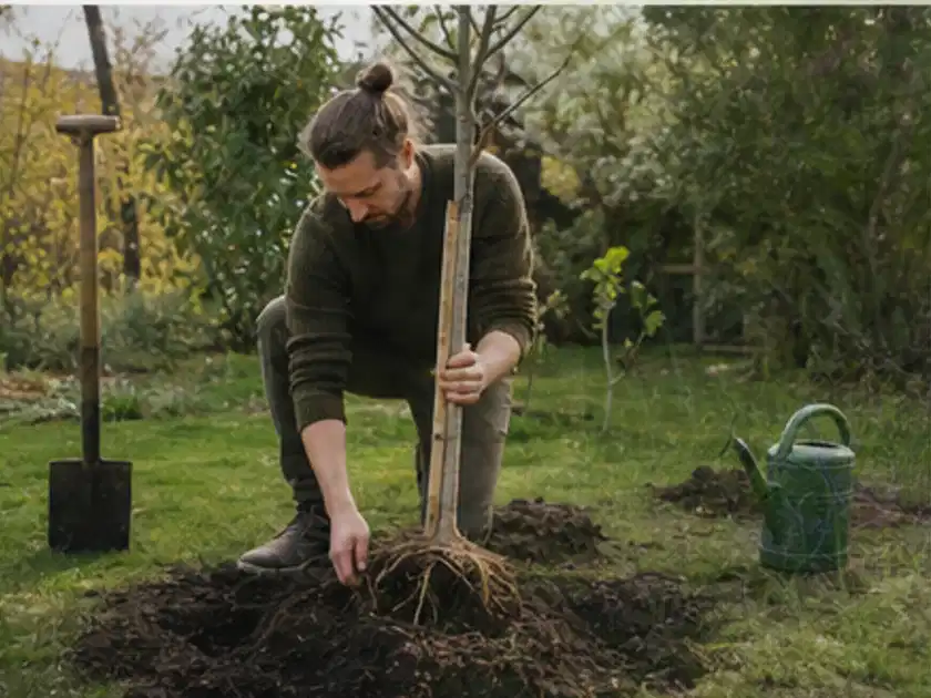 Person setzt einen jungen Zierbaum in ein vorbereitetes Pflanzloch im Garten; Thema Pflaumenbäume, Schwerpunkt Standort; Titelbild.