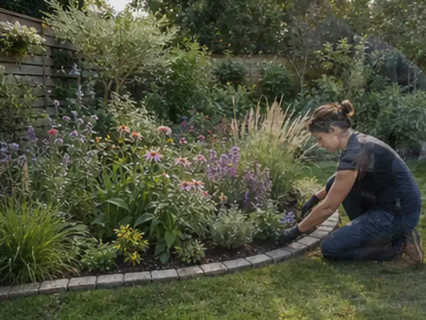 Person pflegt die klare Kante eines geschwungenen blühenden Staudenbeets; Thema Pflegeleichter Garten, Schwerpunkt Anleitung; Titelbild.