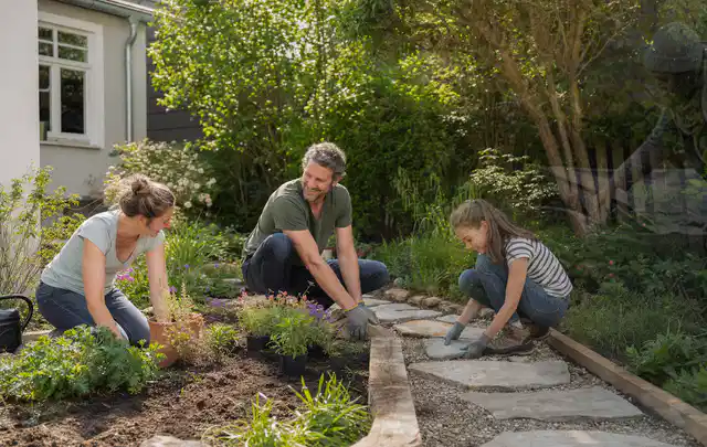Familie geht auf einem Weg durch einen abwechslungsreich gestalteten Garten; Thema Pflegeleichter Garten, Schwerpunkt Anleitung; Ausgangslage.