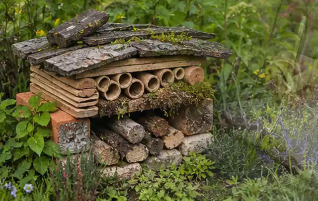 Naturnaher Unterschlupf aus Holz Rinde und Pflanzenstängeln im Garten; Thema Pflegeleichter Garten, Schwerpunkt Anleitung; Praxisalltag.