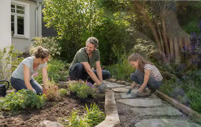 Familie geht auf einem Weg durch einen abwechslungsreich gestalteten Garten; Thema Pflegeleichter Garten, Schwerpunkt Beleuchtung; Umsetzung.