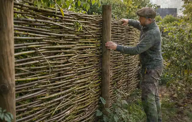 Person befestigt geflochtene Weidenruten an stabilen Holzpfosten im Garten; Thema Pflegeleichter Garten, Schwerpunkt Beleuchtung; Kontrolle.