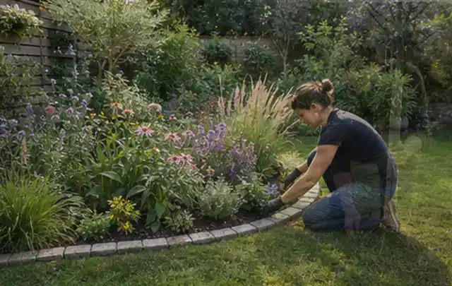 Person pflegt die klare Kante eines geschwungenen blühenden Staudenbeets; Thema Pflegeleichter Garten, Schwerpunkt Beleuchtung; Praxisalltag.