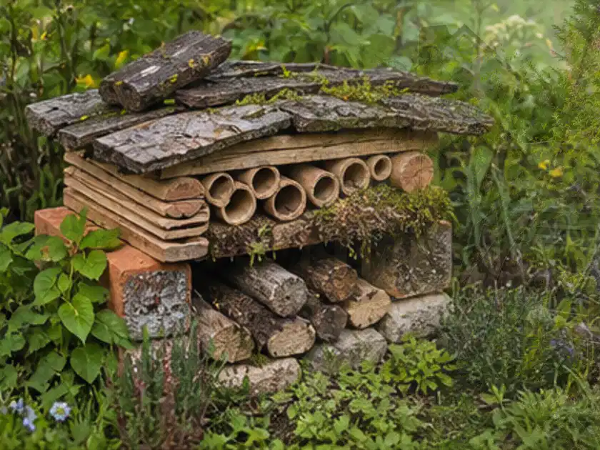 Naturnaher Unterschlupf aus Holz Rinde und Pflanzenstängeln im Garten; Thema Pflegeleichter Garten, Schwerpunkt Bepflanzung; Titelbild.