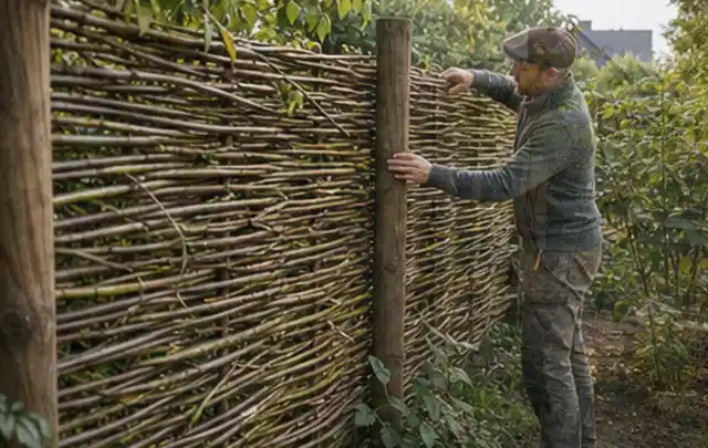 Person befestigt geflochtene Weidenruten an stabilen Holzpfosten im Garten; Thema Pflegeleichter Garten, Schwerpunkt Bepflanzung; Ausgangslage.