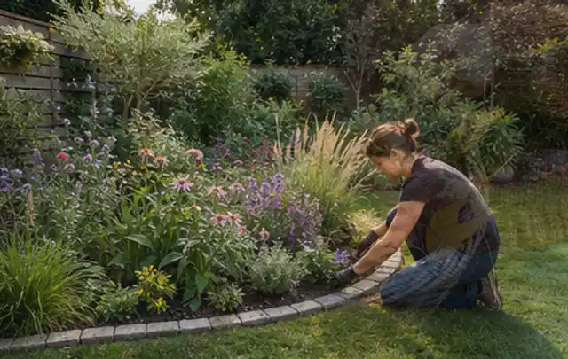 Person pflegt die klare Kante eines geschwungenen blühenden Staudenbeets; Thema Pflegeleichter Garten, Schwerpunkt Bepflanzung; Umsetzung.