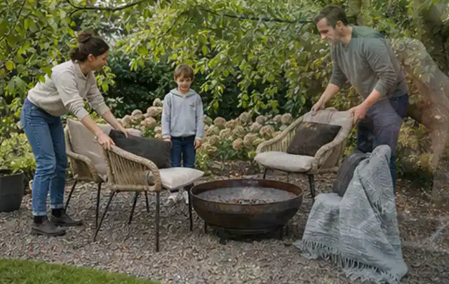 Familie stellt wetterfeste Sessel an einem geschützten Sitzplatz im Garten auf; Thema Pflegeleichter Garten, Schwerpunkt Bepflanzung; Kontrolle.