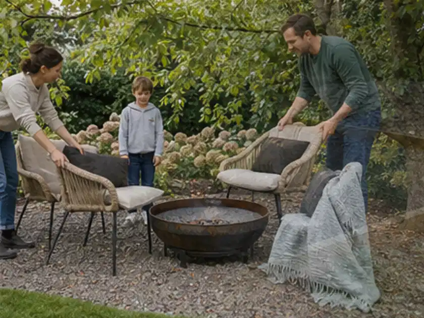 Familie stellt wetterfeste Sessel an einem geschützten Sitzplatz im Garten auf; Thema Pflegeleichter Garten, Schwerpunkt Checkliste; Titelbild.