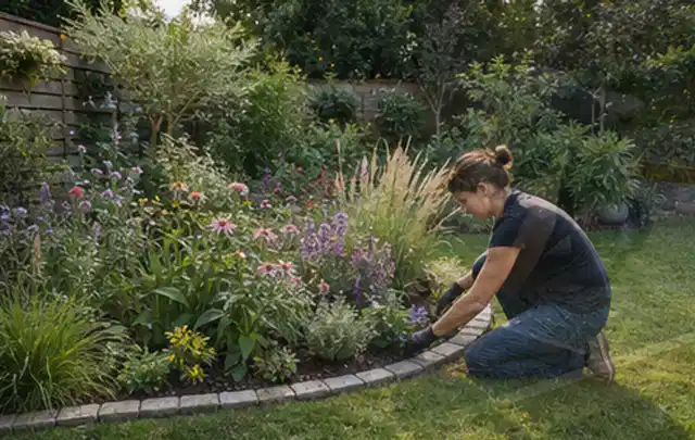 Person pflegt die klare Kante eines geschwungenen blühenden Staudenbeets; Thema Pflegeleichter Garten, Schwerpunkt Checkliste; Ausgangslage.