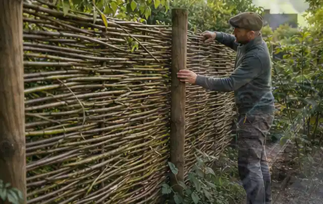 Person befestigt geflochtene Weidenruten an stabilen Holzpfosten im Garten; Thema Pflegeleichter Garten, Schwerpunkt Checkliste; Ergebnis.