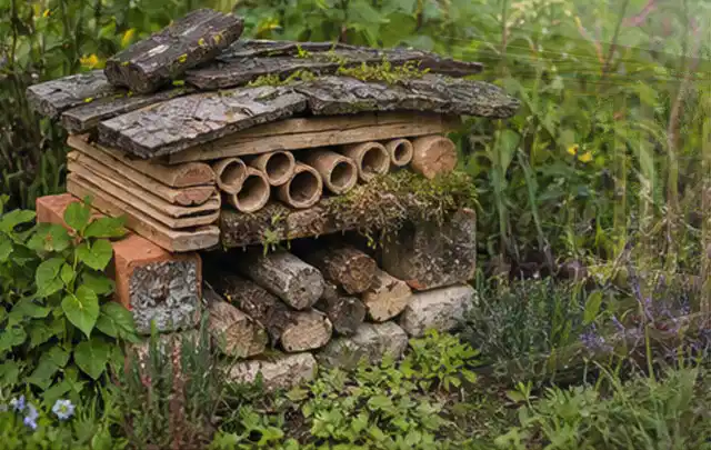 Naturnaher Unterschlupf aus Holz Rinde und Pflanzenstängeln im Garten; Thema Pflegeleichter Garten, Schwerpunkt Checkliste; Praxisalltag.