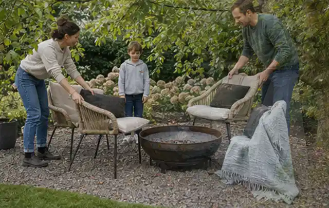 Familie stellt wetterfeste Sessel an einem geschützten Sitzplatz im Garten auf; Thema Pflegeleichter Garten, Schwerpunkt Fehlerhilfe; Umsetzung.