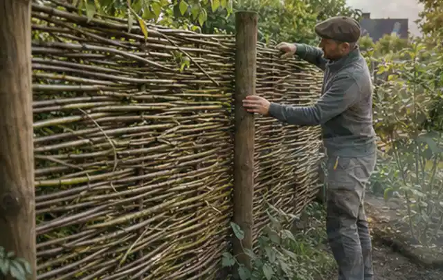 Person befestigt geflochtene Weidenruten an stabilen Holzpfosten im Garten; Thema Pflegeleichter Garten, Schwerpunkt Fehlerhilfe; Kontrolle.