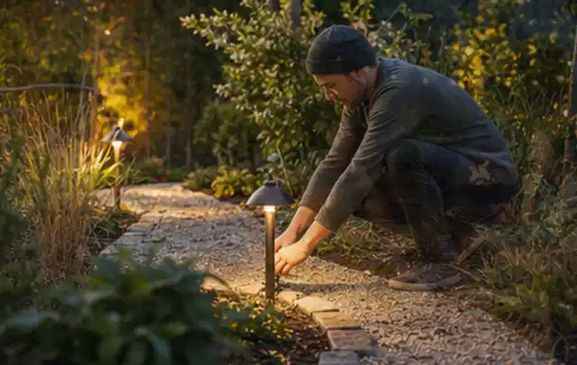 Person richtet eine niedrige warm leuchtende Gartenlampe am Kiesweg aus; Thema Pflegeleichter Garten, Schwerpunkt Fehlerhilfe; Ergebnis.