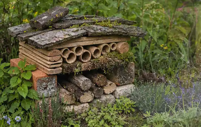 Naturnaher Unterschlupf aus Holz Rinde und Pflanzenstängeln im Garten; Thema Pflegeleichter Garten, Schwerpunkt Fehlerhilfe; Praxisalltag.