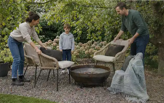 Familie stellt wetterfeste Sessel an einem geschützten Sitzplatz im Garten auf; Thema Pflegeleichter Garten, Schwerpunkt mit kleiner Fläche; Ausgangslage.