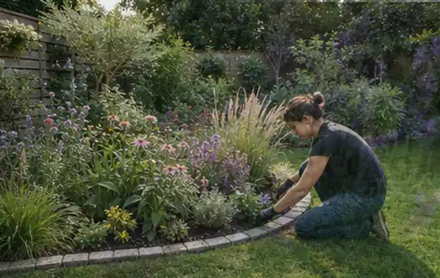 Person pflegt die klare Kante eines geschwungenen blühenden Staudenbeets; Thema Pflegeleichter Garten, Schwerpunkt Gärten mit kleiner Fläche; Ergebnis.