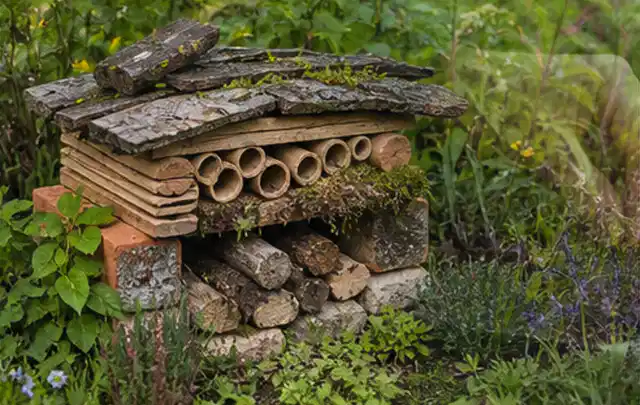 Naturnaher Unterschlupf aus Holz Rinde und Pflanzenstängeln im Garten; Thema Pflegeleichter Garten, Schwerpunkt mit kleiner Fläche; Praxisalltag.