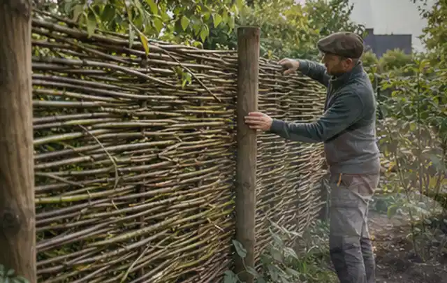 Person befestigt geflochtene Weidenruten an stabilen Holzpfosten im Garten; Thema Pflegeleichter Garten, Schwerpunkt gestalten; Ausgangslage.