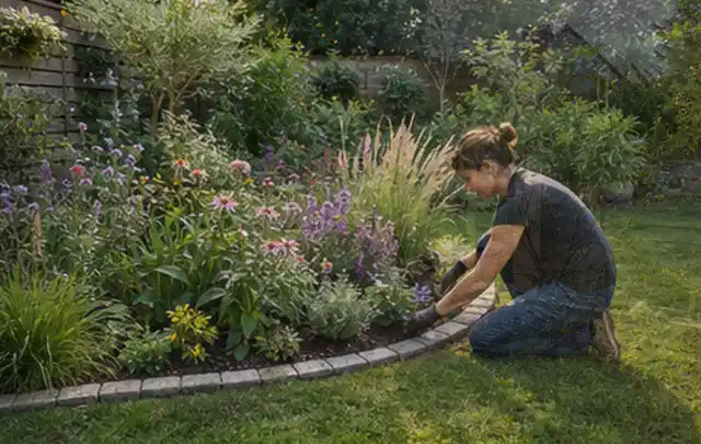 Person pflegt die klare Kante eines geschwungenen blühenden Staudenbeets; Thema Pflegeleichter Garten, Schwerpunkt Garten gestalten; Umsetzung.