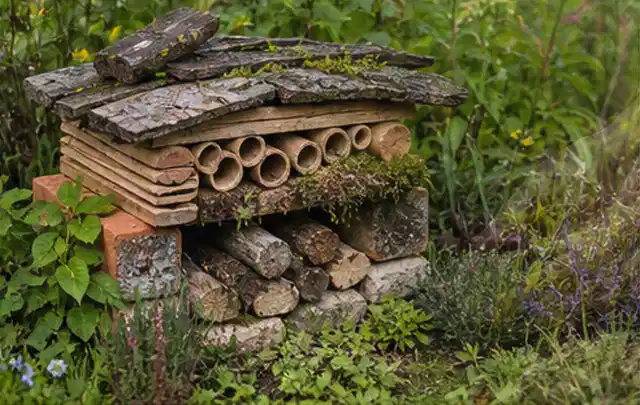 Naturnaher Unterschlupf aus Holz Rinde und Pflanzenstängeln im Garten; Thema Pflegeleichter Garten, Schwerpunkt gestalten; Kontrolle.