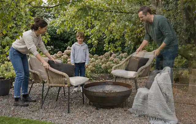 Familie stellt wetterfeste Sessel an einem geschützten Sitzplatz im Garten auf; Thema Pflegeleichter Garten, Schwerpunkt gestalten; Ergebnis.