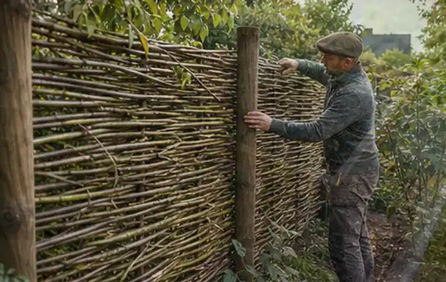 Person befestigt geflochtene Weidenruten an stabilen Holzpfosten im Garten; Thema Pflegeleichter Garten, Schwerpunkt Hanglage; Umsetzung.
