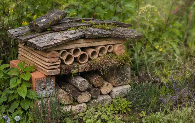 Naturnaher Unterschlupf aus Holz Rinde und Pflanzenstängeln im Garten; Thema Pflegeleichter Garten, Schwerpunkt Hanglage; Kontrolle.