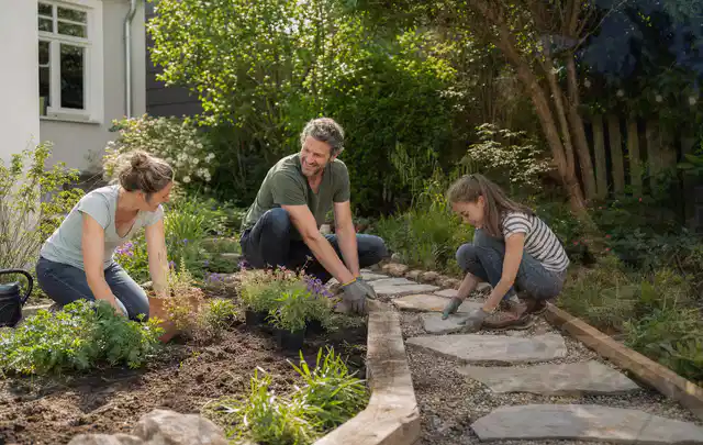 Familie geht auf einem Weg durch einen abwechslungsreich gestalteten Garten; Thema Pflegeleichter Garten, Schwerpunkt Hanglage; Ergebnis.