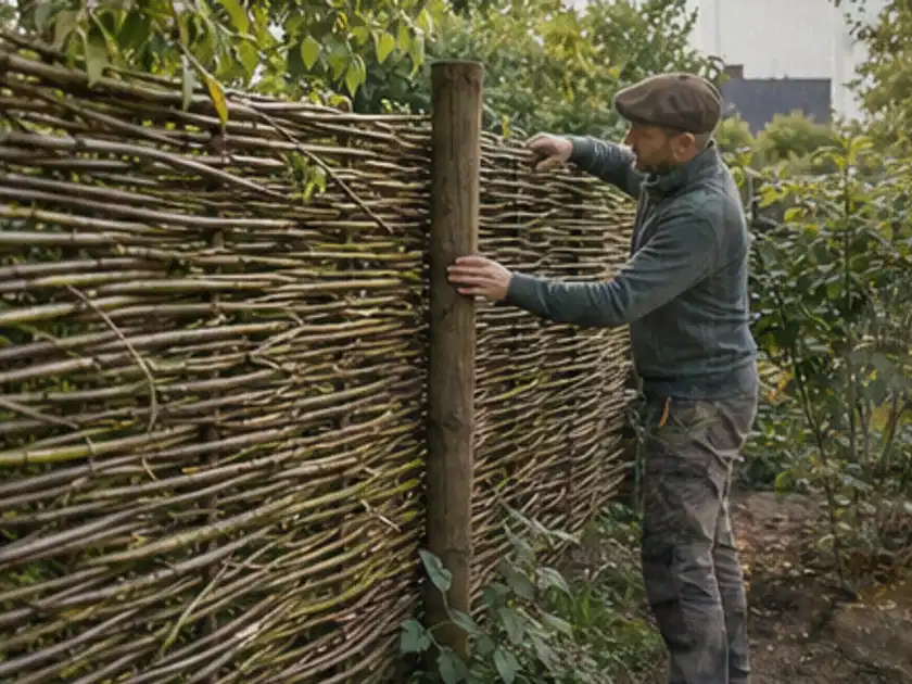 Person befestigt geflochtene Weidenruten an stabilen Holzpfosten im Garten; Thema Pflegeleichter Garten, Schwerpunkt Inspiration; Titelbild.