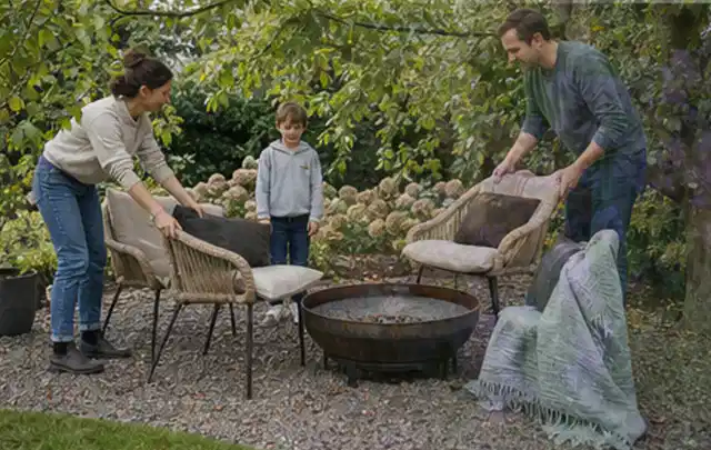 Familie stellt wetterfeste Sessel an einem geschützten Sitzplatz im Garten auf; Thema Pflegeleichter Garten, Schwerpunkt Inspiration; Umsetzung.