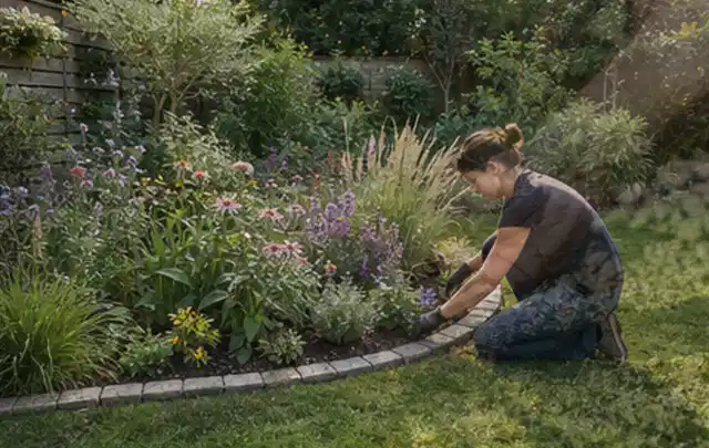 Person pflegt die klare Kante eines geschwungenen blühenden Staudenbeets; Thema Pflegeleichter Garten, Schwerpunkt Inspiration; Praxisalltag.