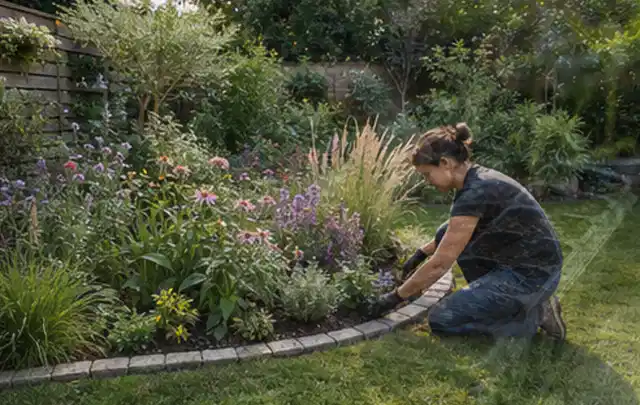 Person pflegt die klare Kante eines geschwungenen blühenden Staudenbeets; Thema Pflegeleichter Garten, Schwerpunkt Kosten; Kontrolle.