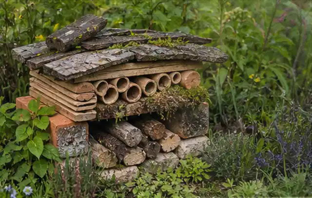 Naturnaher Unterschlupf aus Holz Rinde und Pflanzenstängeln im Garten; Thema Pflegeleichter Garten, Schwerpunkt Kosten; Ergebnis.
