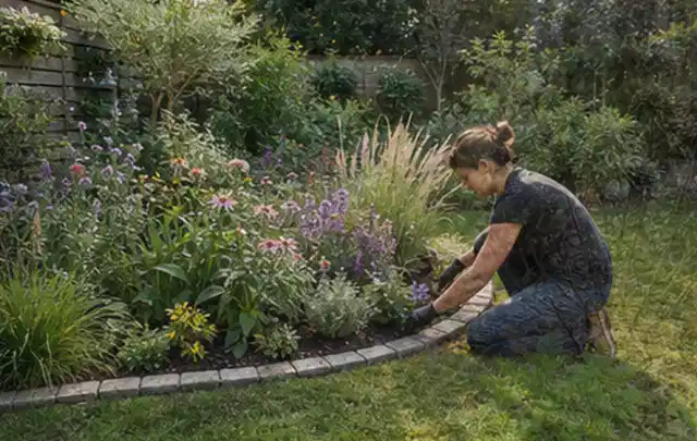 Person pflegt die klare Kante eines geschwungenen blühenden Staudenbeets; Thema Pflegeleichter Garten, Schwerpunkt Materialwahl; Ergebnis.