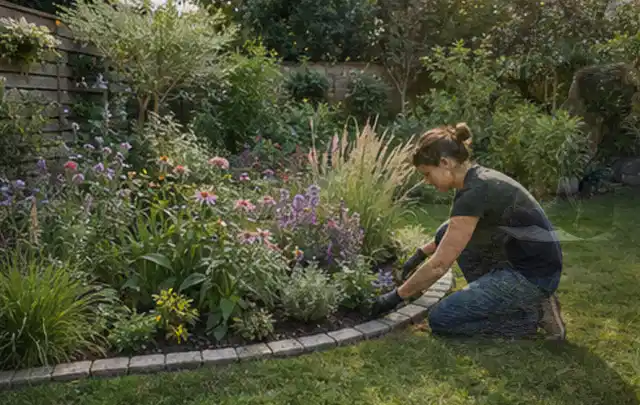 Person pflegt die klare Kante eines geschwungenen blühenden Staudenbeets; Thema Pflegeleichter Garten, Schwerpunkt Naturgarten; Ausgangslage.