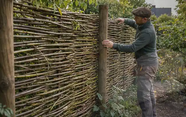 Person befestigt geflochtene Weidenruten an stabilen Holzpfosten im Garten; Thema Pflegeleichter Garten, Schwerpunkt Naturgarten; Umsetzung.