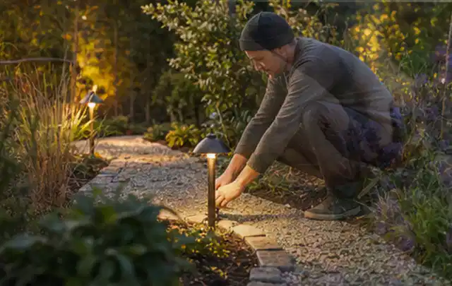 Person richtet eine niedrige warm leuchtende Gartenlampe am Kiesweg aus; Thema Pflegeleichter Garten, Schwerpunkt Naturgarten; Kontrolle.