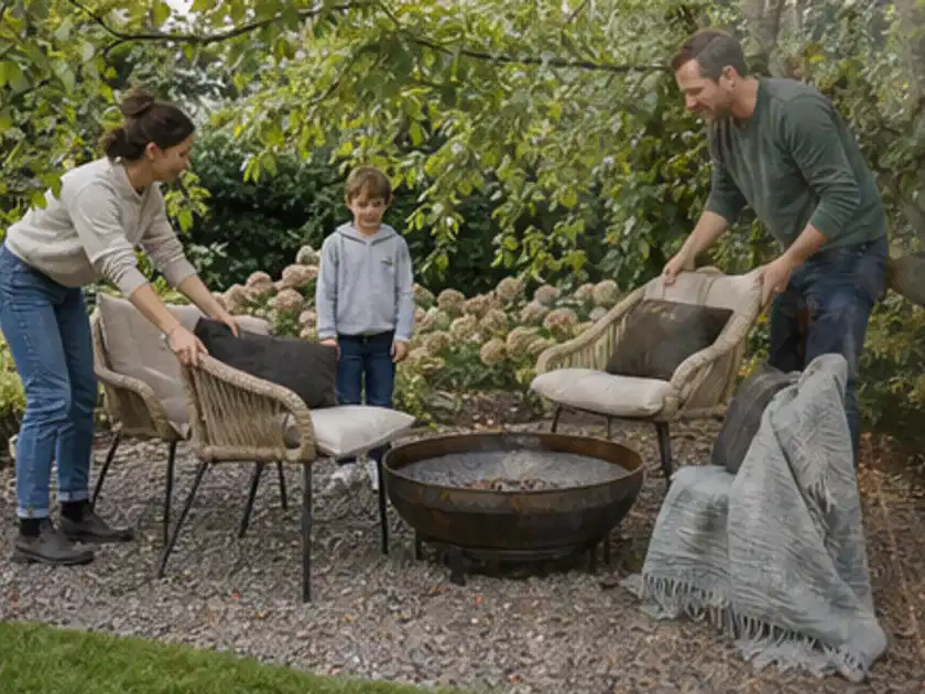 Familie stellt wetterfeste Sessel an einem geschützten Sitzplatz im Garten auf; Thema Pflegeleichter Garten, Schwerpunkt Planung; Titelbild.