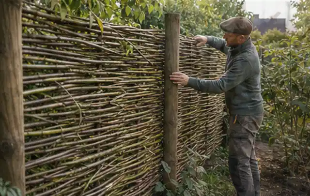 Person befestigt geflochtene Weidenruten an stabilen Holzpfosten im Garten; Thema Pflegeleichter Garten, Schwerpunkt Planung; Ausgangslage.