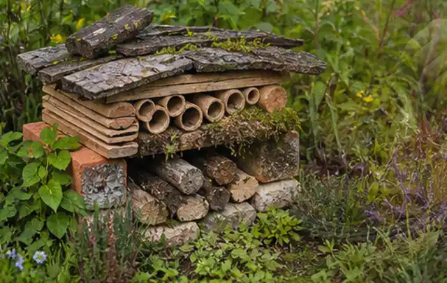Naturnaher Unterschlupf aus Holz Rinde und Pflanzenstängeln im Garten; Thema Pflegeleichter Garten, Schwerpunkt Planung; Kontrolle.