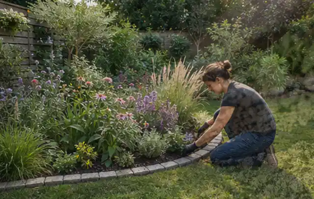 Person pflegt die klare Kante eines geschwungenen blühenden Staudenbeets; Thema Pflegeleichter Garten, Schwerpunkt Planung; Ergebnis.