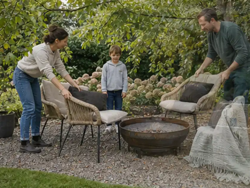 Familie stellt wetterfeste Sessel an einem geschützten Sitzplatz im Garten auf; Thema Pflegeleichter Garten, Schwerpunkt Praxisbeispiele; Titelbild.